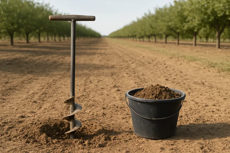 A hand auger standing in bare soil beside a bucket of soil on a flat farm block — getting a bore approved, Griffith. Illustrative example.