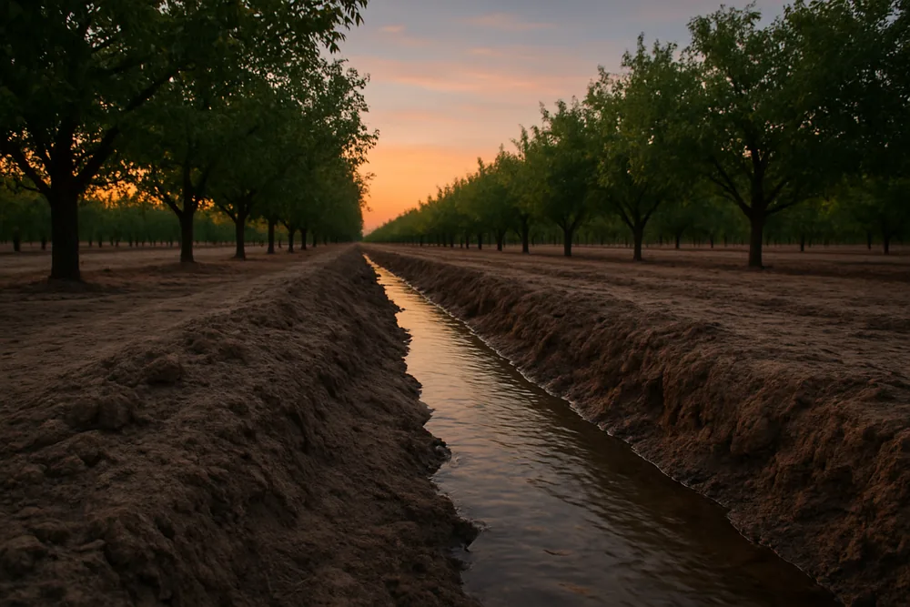 Irrigated orchard rows at dusk with a low channel bank in the foreground — water bore drilling, Griffith. Illustrative example.
